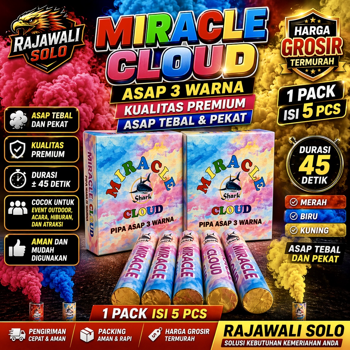 MIRACLE CLOUD - ASAP 3 WARNA - 45 DETIK (1 PACK ISI 5 BATANG)