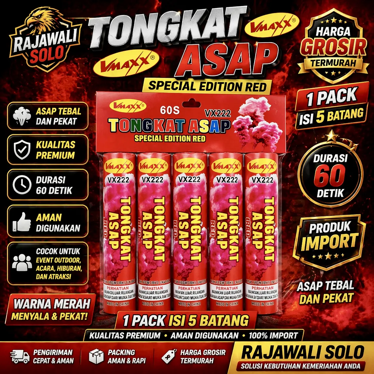 Tongkat Asap Vmaxx Warna Merah - 1 Pack Isi 5 Pcs Durasi 60 Detik